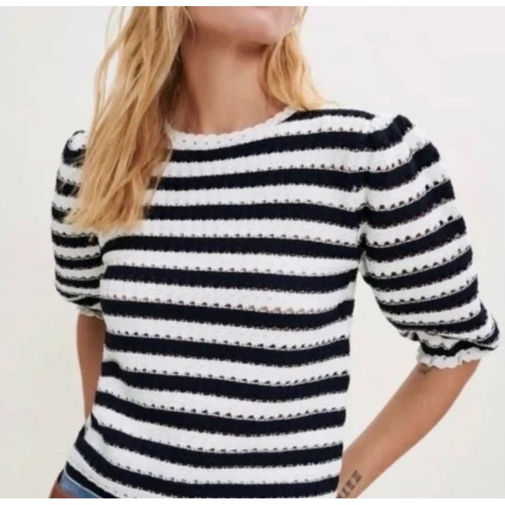 Maje Marigna Striped Crochet Knit Puff Sleeve Top  Navy Blue White MFPUU00474